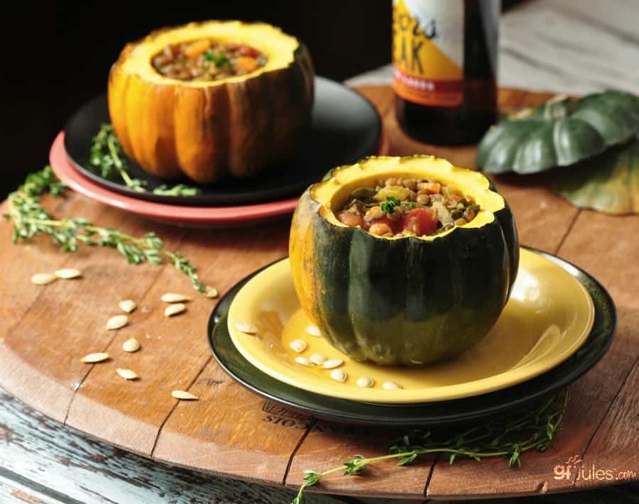 vegetable lentil soup in acorn squash bowls made with coors peak - gfJules