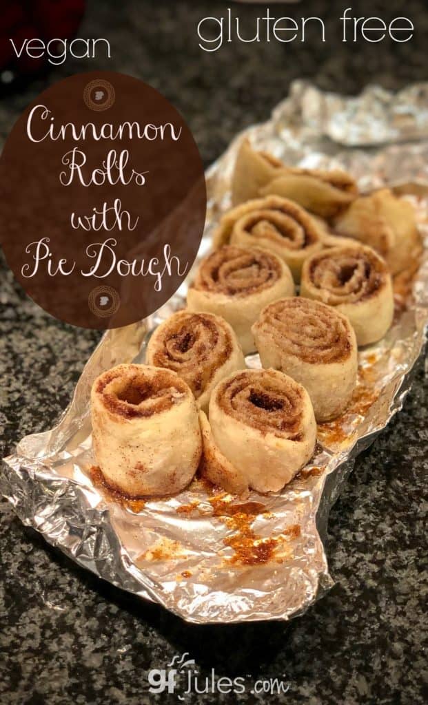 Gluten Free Pie Crust Cinnamon Rolls just like Grandma used to make! Vegan and gluten free! Made with gfJules Flour, so the dough is soft and pliable and the cinnamon rolls are flaky and light.
