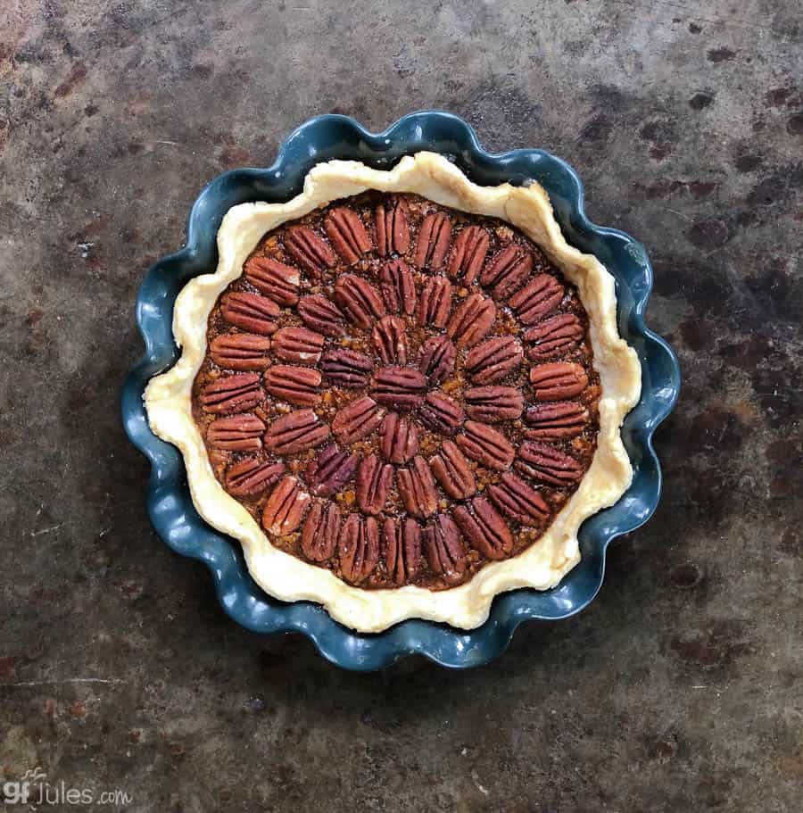 gluten free pecan pie in blue