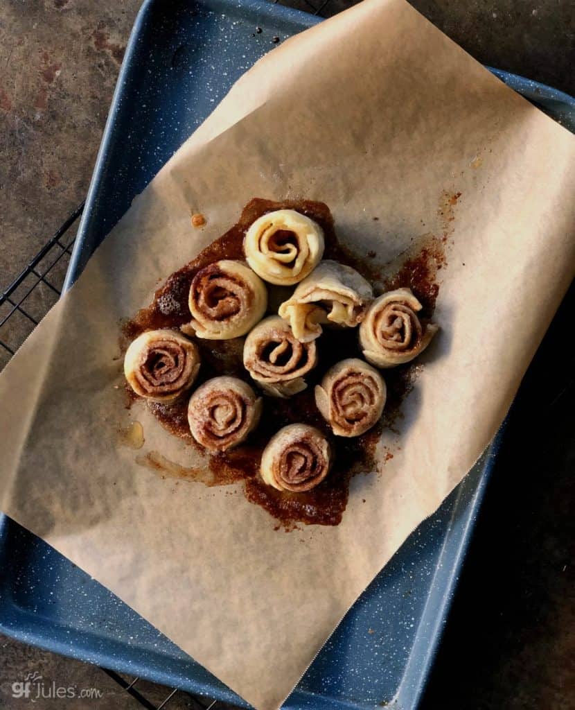 gluten free pie crust cinnamon rolls on tray