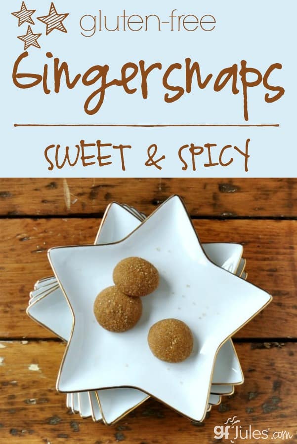 Gluten Free Gingersnaps made easy! This sweet and spicy favorite makes holiday cookie trays yummier, because they're gluten-free! | gfJules #glutenfree #dairyfree #gingersnaps #holidaybaking #glutenfreecookie