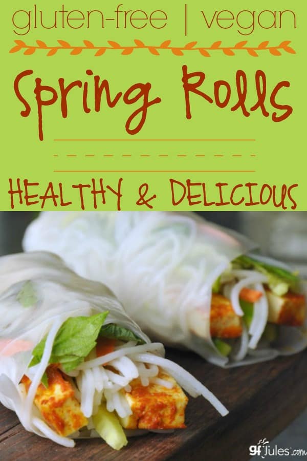 Crisp spears of cucumber and carrot, contrasted with the soft rice vermicelli and sautéed mushrooms, make these vegan gluten free spring rolls by gfJules irresistible!