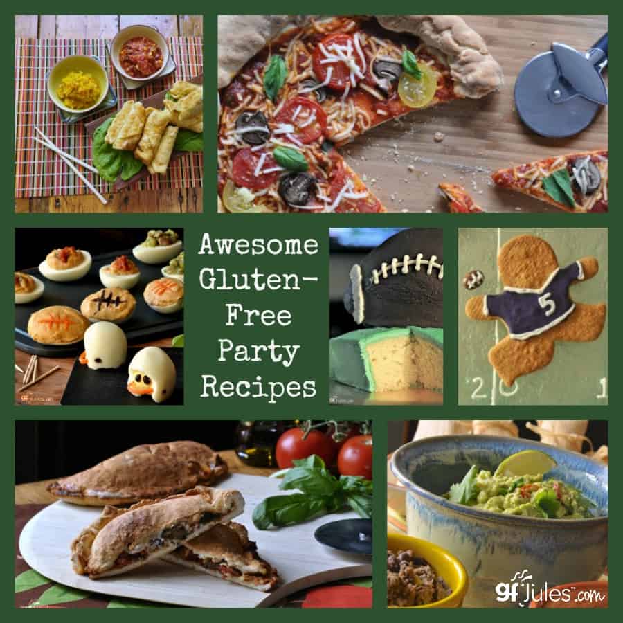 Looking for gluten free party recipes to make your next game day even better? Roundup of 21 great gluten free party recipes plus tons of gluten free products you can serve for all to enjoy! gfjules.com