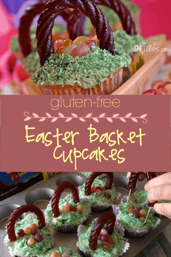 Festive gluten free Easter Basket Cupcakes with all the trimmings! Recipe plus gluten-free candy suggestions for decorations.