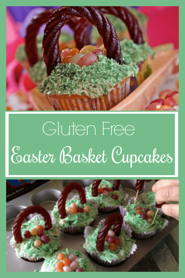 Festive gluten free Easter Basket Cupcakes with all the trimmings! Recipe plus gluten-free candy suggestions for decorations.