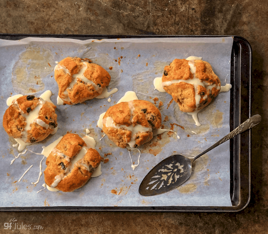 gluten free hot cross buns on pan