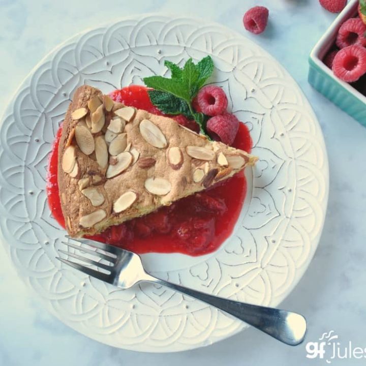 Gluten Free Lemon Almond Cake with mint and berries and fork