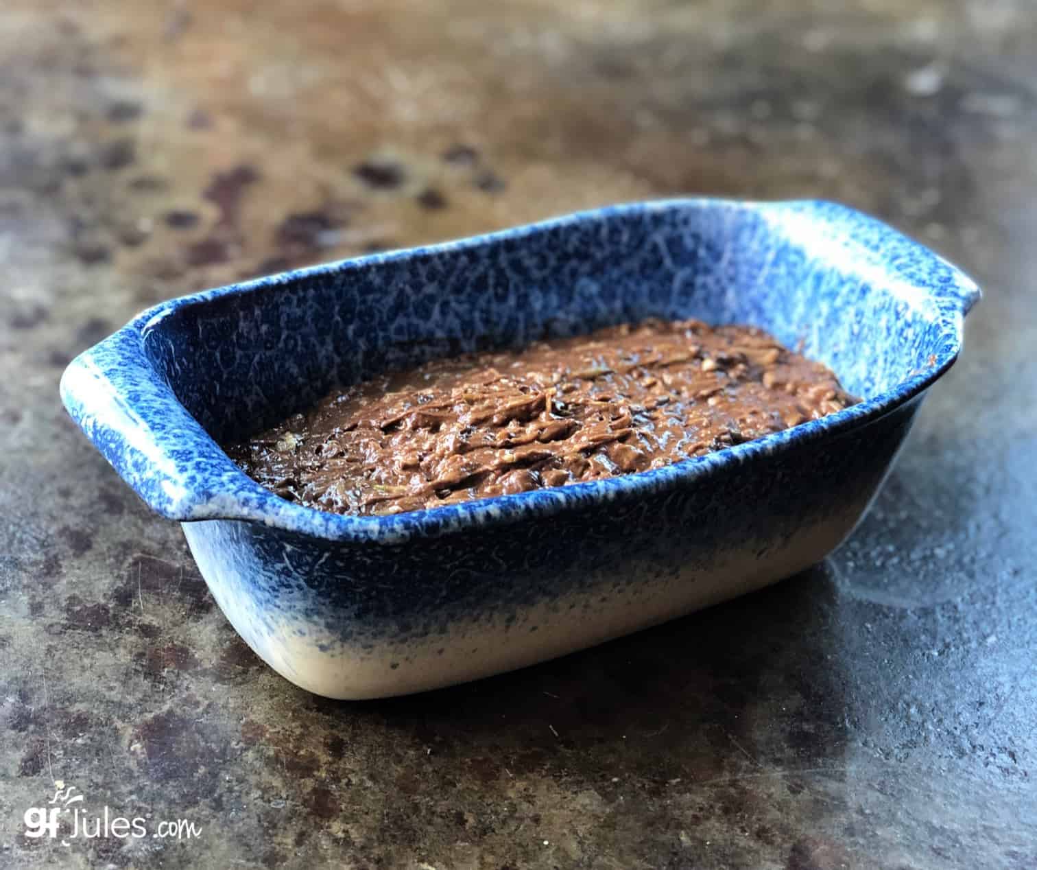 Gluten Free Secret Ingredient Chocolate Zucchini Coffee Bread Batter in Pan