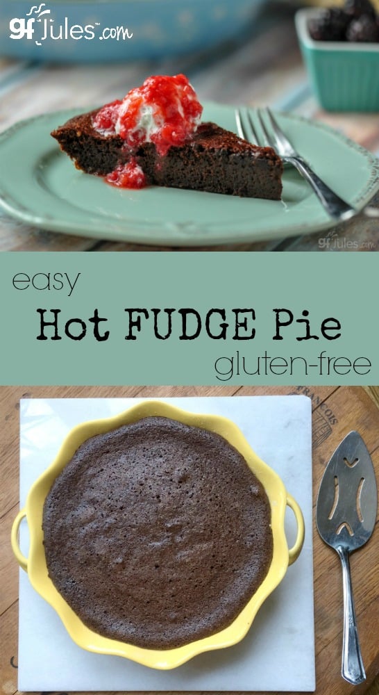 Easy Gluten Free Hot Fudge Pie doesn't even need a crust. It seems impossible it could be so EASY and so amazingly good! Gluten-Free & Dairy-Free gfJules.com