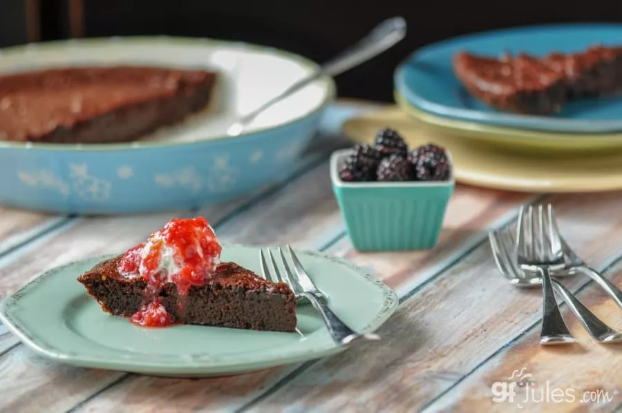 gluten free hot fudge pie with berry coulis