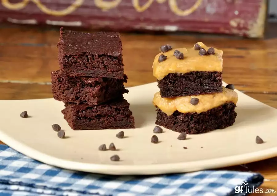 gluten free brownies made with gfjules brownie mix and peanut butter frosting