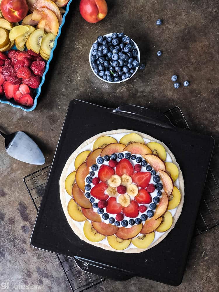 gluten free fruit pizza overhead with more fruit