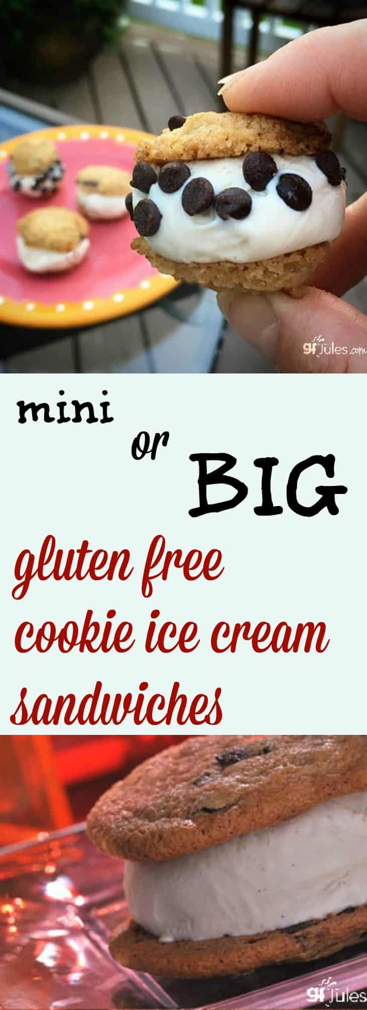 mini or big gluten free chocolate chip cookie ice cream sandwiches make any occasion more fun! Even made dairy-free and/or vegan! gfJules.com