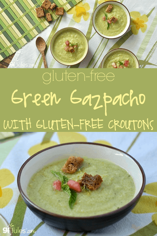 These hot summer days deserve nothing less than the crispest, coolest soup around: green gazpacho! And nothing could make it better than homemade Green Gazpacho with Gluten Free Croutons!