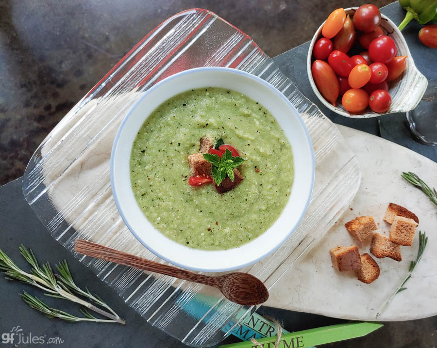 gluten free green gazpacho bowl on platter| gfJules