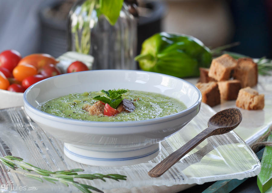 gluten free green gazpacho bowl with spoon | gfJules