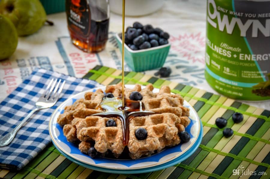gluten free overnight oats waffles with syrup pour