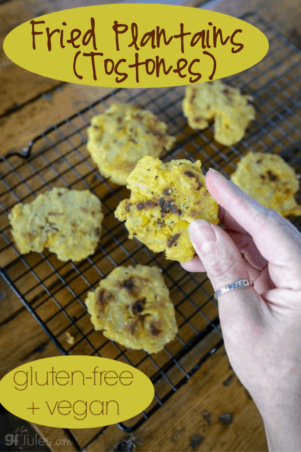 Traditional “tostones” style fried plantains with a touch of salt are the perfect side dish or chip for salsa or any dip. Naturally gluten free and vegan.