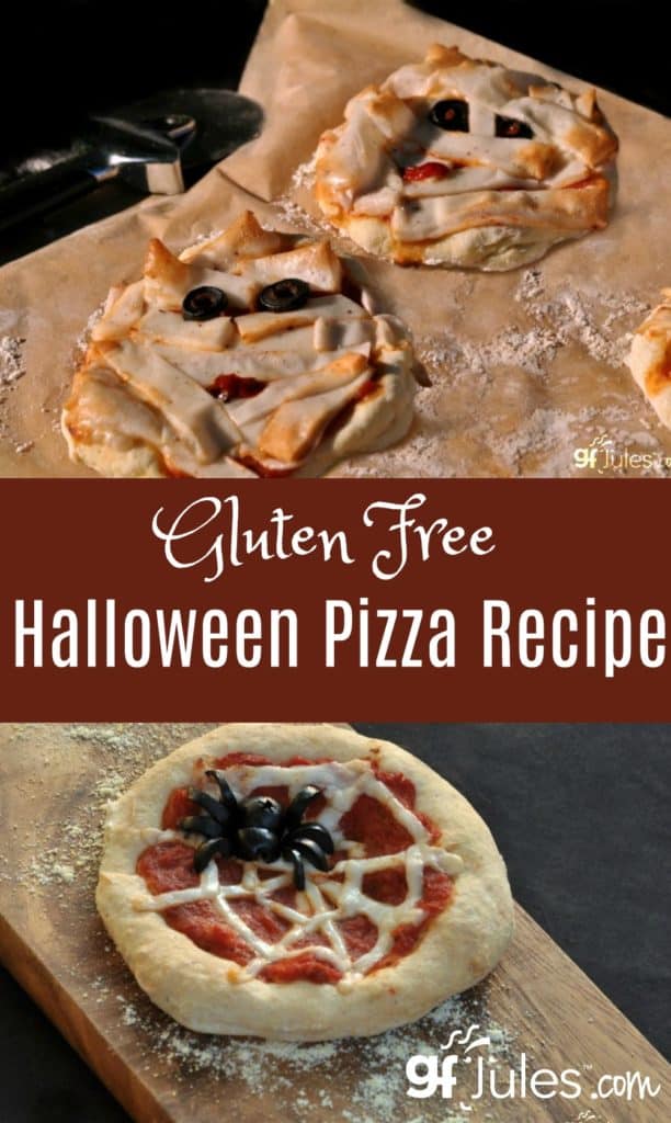 This yummy gluten free Halloween pizza recipe will be a hit at any party! Get creative and give everyone their own crust -- see whose pizza is creepiest!
