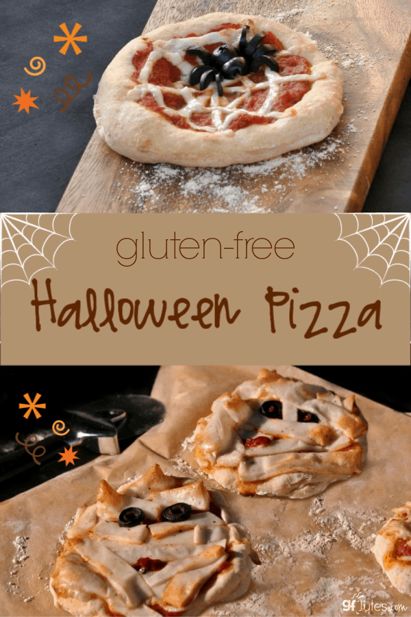 This yummy gluten free Halloween pizza recipe will be a hit at any party! Get creative and give everyone their own crust--see whose pizza is creepiest!