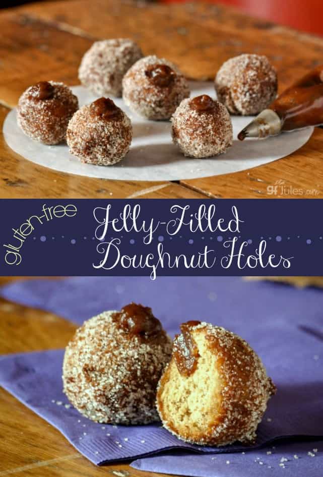 This scrumptious gluten free doughnut holes recipe makes delightful mini Sufganiyot for Hanukkah or filled donut hole poppers anytime you like! gfJules.com