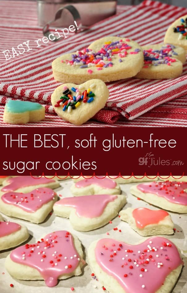 The BEST soft gluten free sugar cookies - this super easy recipe makes soft, pliable dough, even the kids can make these cookies! Dairy-Free & Vegan options too! gfJules