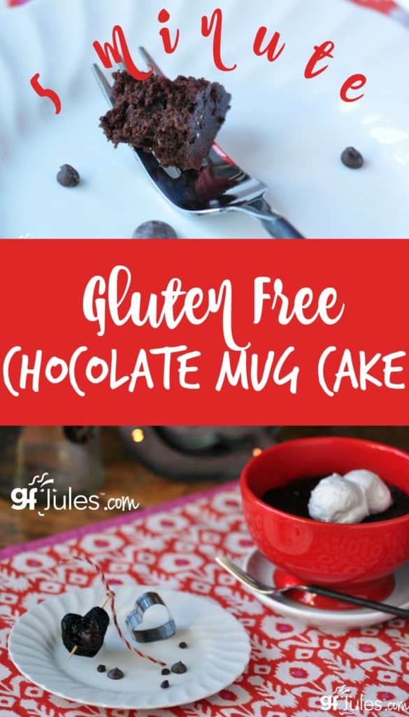 This 5 minute gluten free chocolate mug cake really takes only 5 total minutes to mix and bake in the microwave, to satisfy chocolate cravings right away!