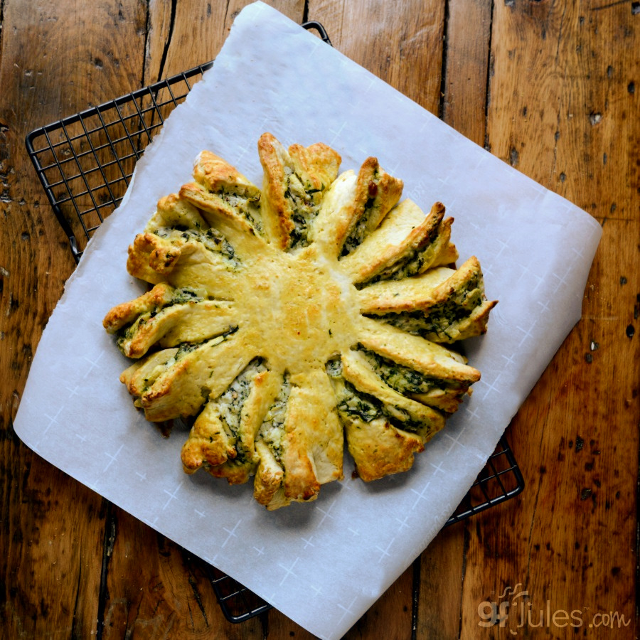 Gluten Free Spinach Artichoke Pull Apart Bread overhead square