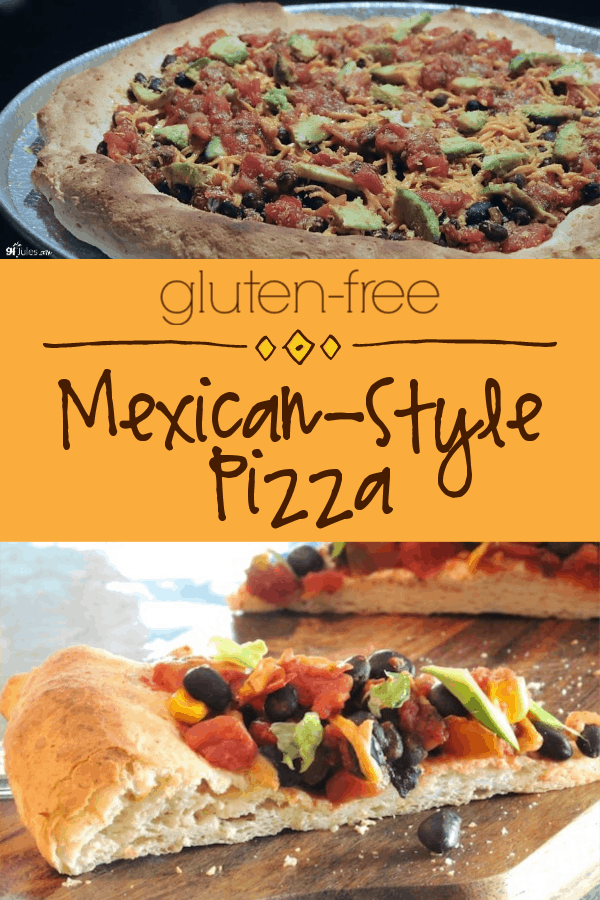 Loaded with yummy ingredients: beans, salsa, avocado, peppers. Try this amazing gluten free Mexican-style pizza!