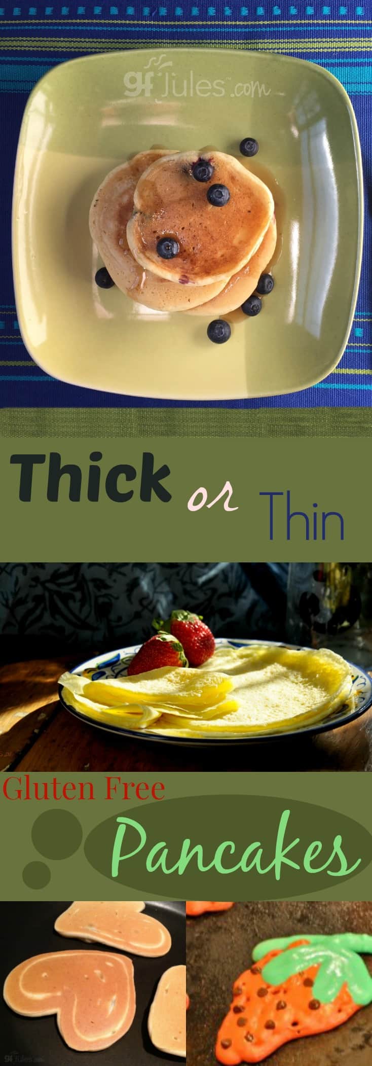 Thick or Thin Gluten Free Pancakes make the perfect breakfast OR dinner! Upside-Down Night is what it's called in our house, and my kids love it. For International Pancake DayShrove TuesdayMardi Gras or ANYTIME! gfJules.com.jpg