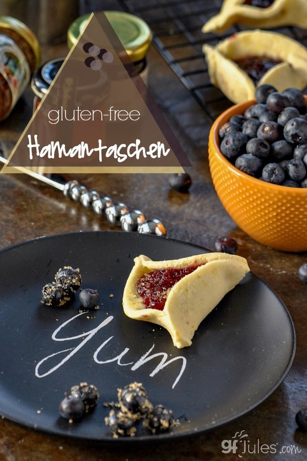 Gluten Free Hamantaschen -- yummy shortbread cookies filled with poppyseed filling or your favorite jam. SO Yum! gfJules