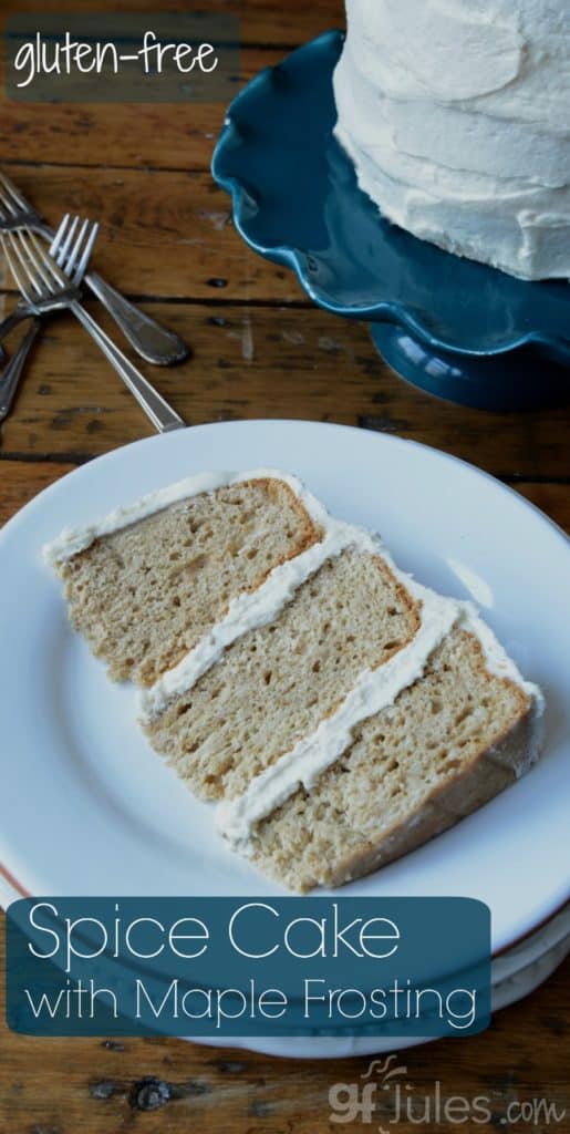 Don't wait for fall to make this delicious gluten free spice cake with maple frosting. The aromas from this moist cake are perfect any time of year!| gfJules.com