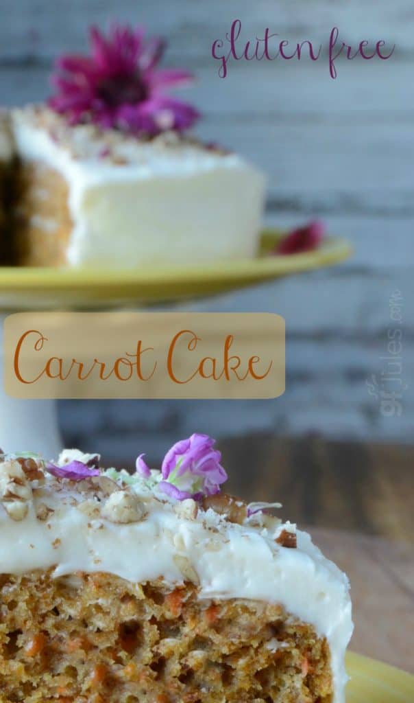 Moist, soft and full of flavor - no gritty or dry cake here! This gluten-free carrot cake is everything it should be, and gorgeous, too! | gfJules