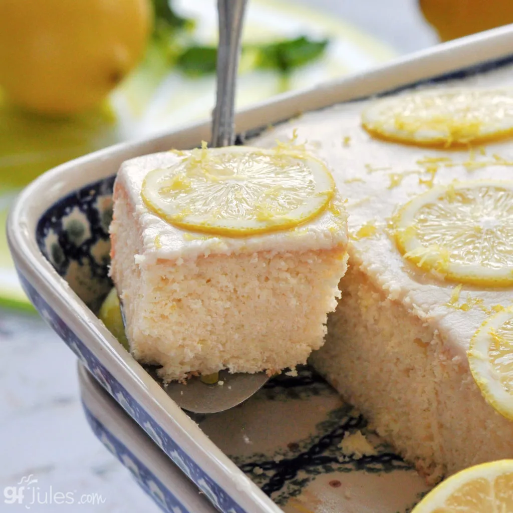 Gluten Free Lemon Cake with Buttercream Frosting. Moist. Lemony. YUM!