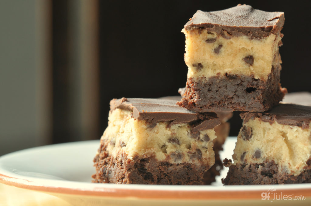 gluten free chocolate chip cookie dough brownie stacked on plate