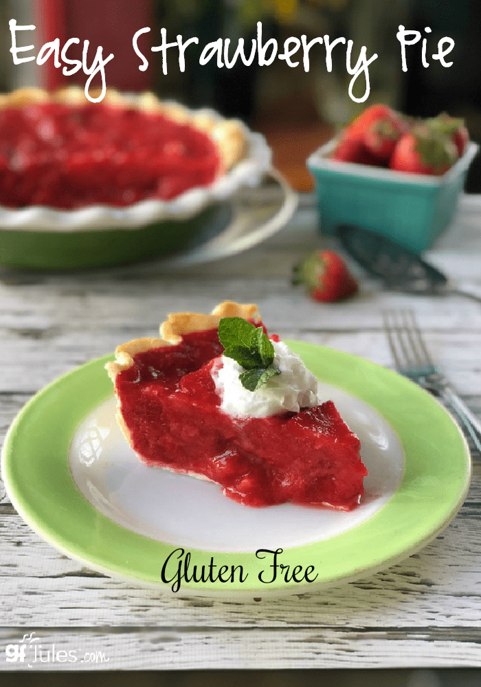 The warm air and sweet smells of strawberry season call for a delicious, cool gluten free strawberry pie! But really, this chilled no-bake strawberry pie is perfect for any season! Made with homemade gluten free pie crust