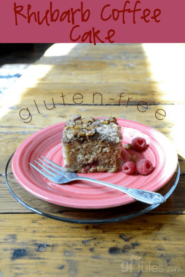 This delightful gluten free rhubarb coffee cake, made with gfJules Flour, has the perfect coffee cake crumb - moist, light, not dense - exactly as it should be.