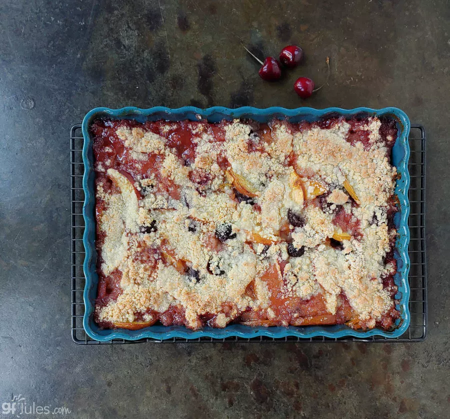 gluten free peach cherry cobbler baked | gfJules