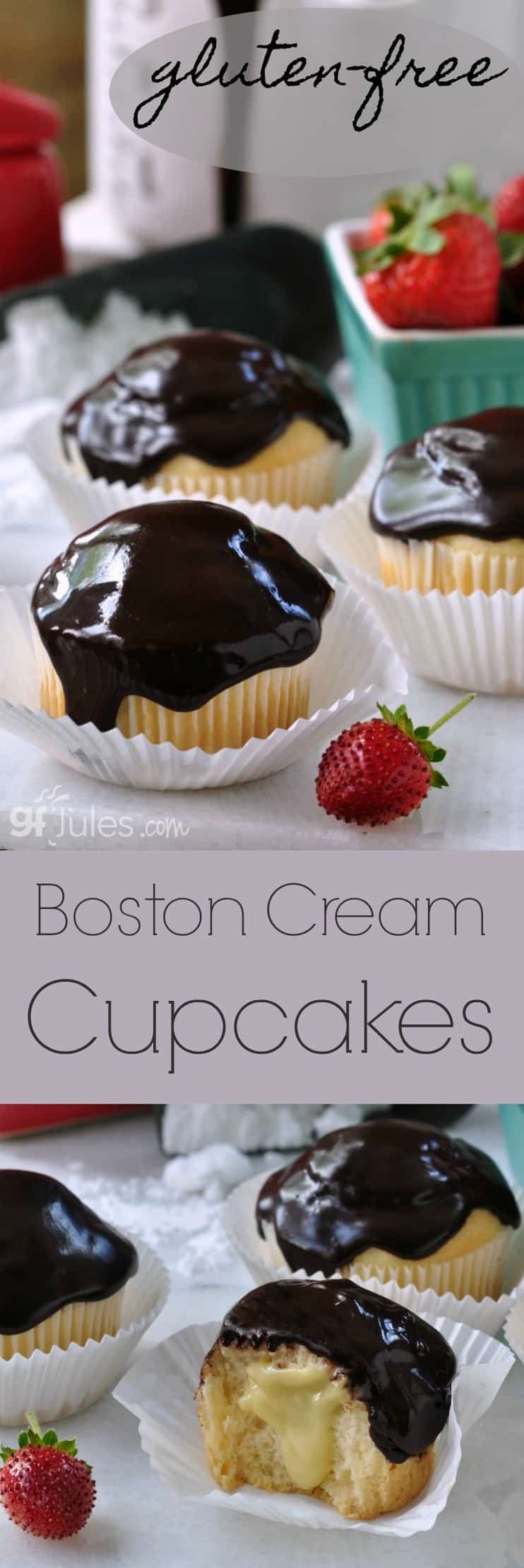 Light and fluffy sponge cakes with custardy goodness tucked inside, smothered in a perfect chocolate glaze -- Gluten Free Boston Cream Cupcakes! | gfJules