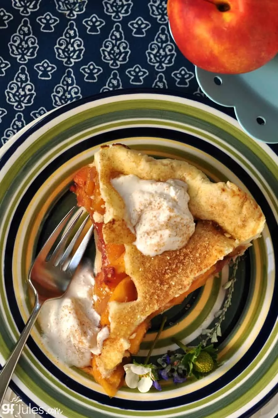 gluten free peach pie slice overhead