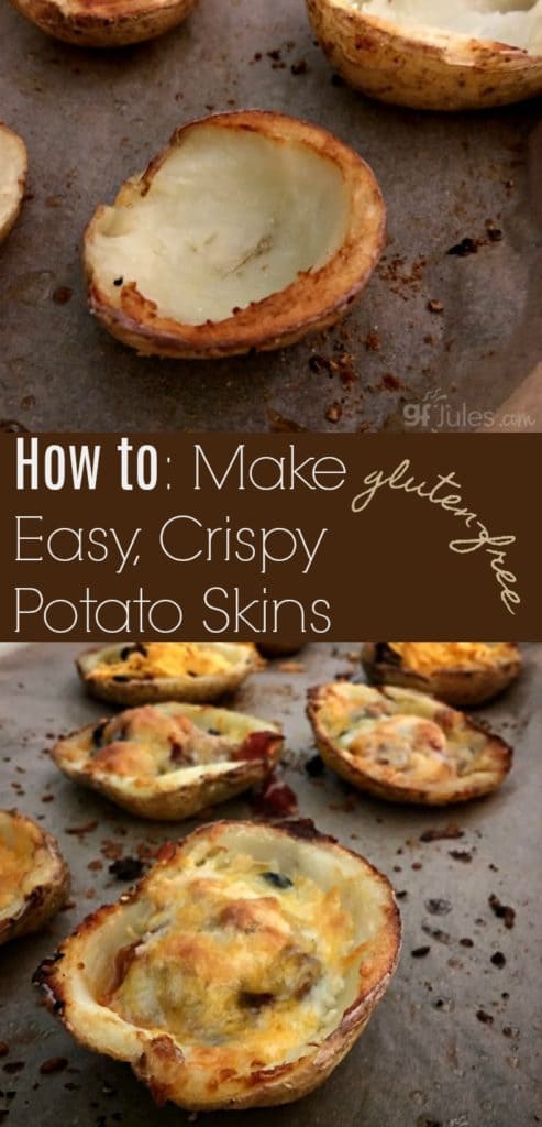 Crispy, cheesy and stuffed with all kinds of yummy fillings -- gluten-free potato skins make Meatless Monday or any party appetizer even more tasty! gfJules.com