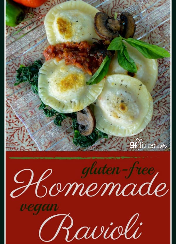 Homemade Gluten Free Ravioli - stuff with your favorite fillings and make any night more special. Super easy recipe that's makes a stretchy dough that's a dream to roll out and fill. No need for a pasta attachment or roller; you can make these beauties by hand! gfJules.com #glutenfree #ravioli #vegan