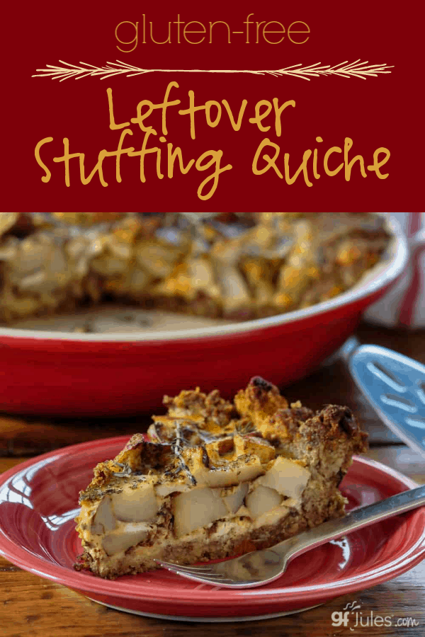 You can truly toss nearly any vegetable and/or meat into this quiche, and bake it into a creative (and quite tasty!) crust made of your leftover gluten free stuffing! 