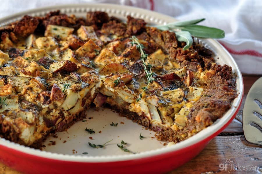 gluten free stuffing quiche in pan