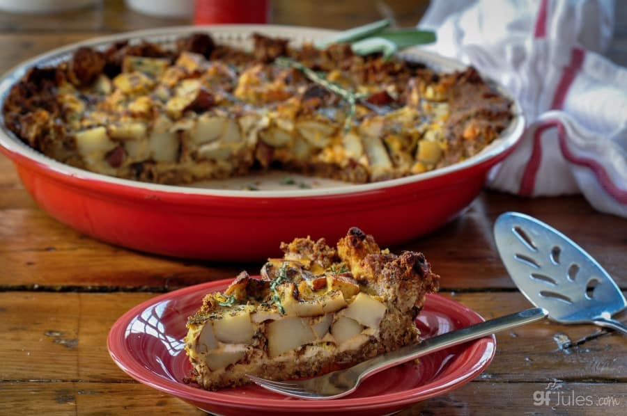 gluten free stuffing quiche with spatula