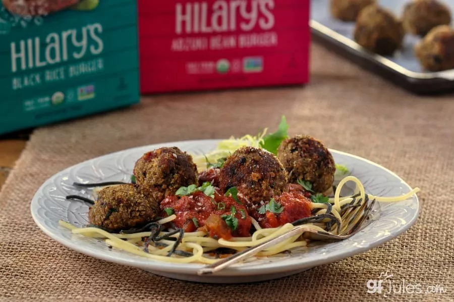 Gluten Free Vegetarian Meatballs on plate with Hilarys