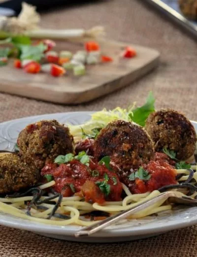 Gluten Free Vegetarian Meatballs on plate with fork