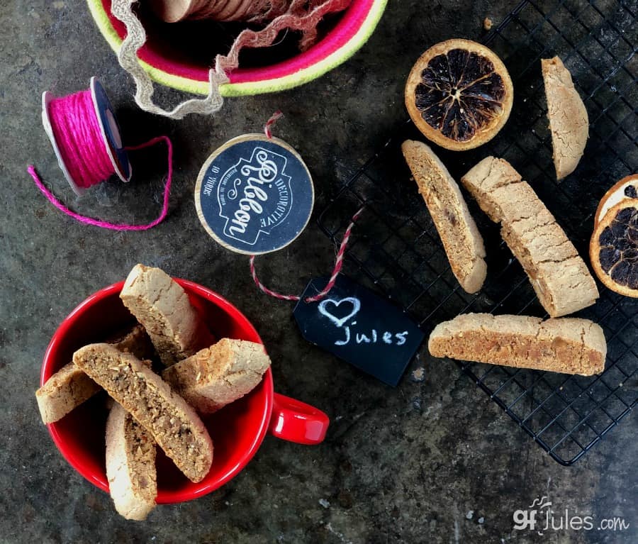 gluten free gingerbread biscotti with ribbons