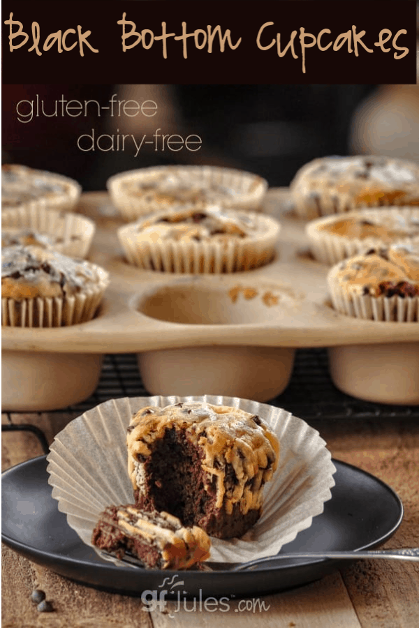 Gluten Free Black Bottom Cupcakes are so moist, rich and full of flavor, you'll never miss the gluten or the dairy!
