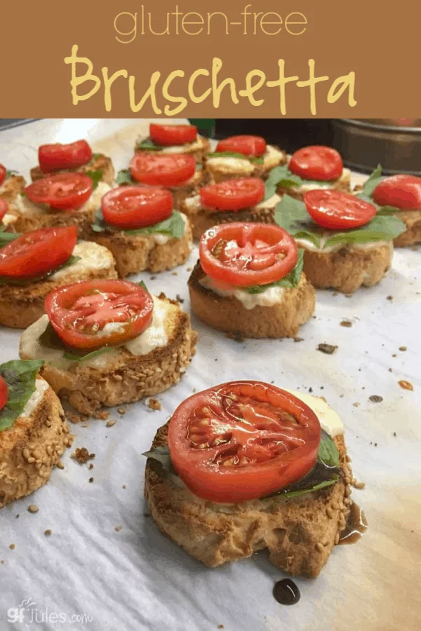 Easy gluten free bruschetta with homemade gluten free baguette that's almost too delicious to cover up!